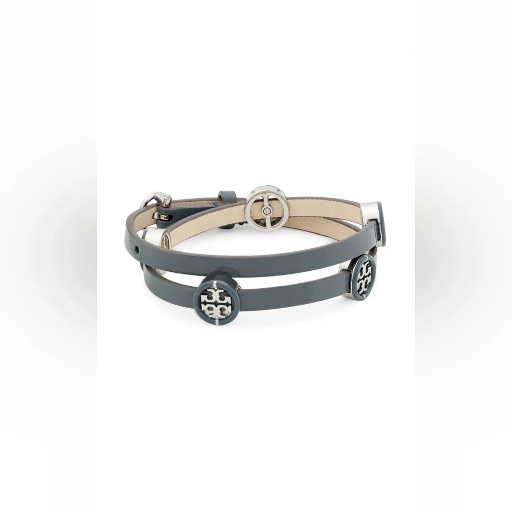 🆕Tory Burch Authentic Miller Silver & Leather Blue Enamel Double Wrap Bracelet